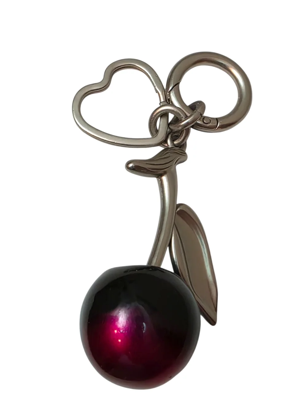 Cherry Keychain Charm in Metallic Silver and Deep Berry